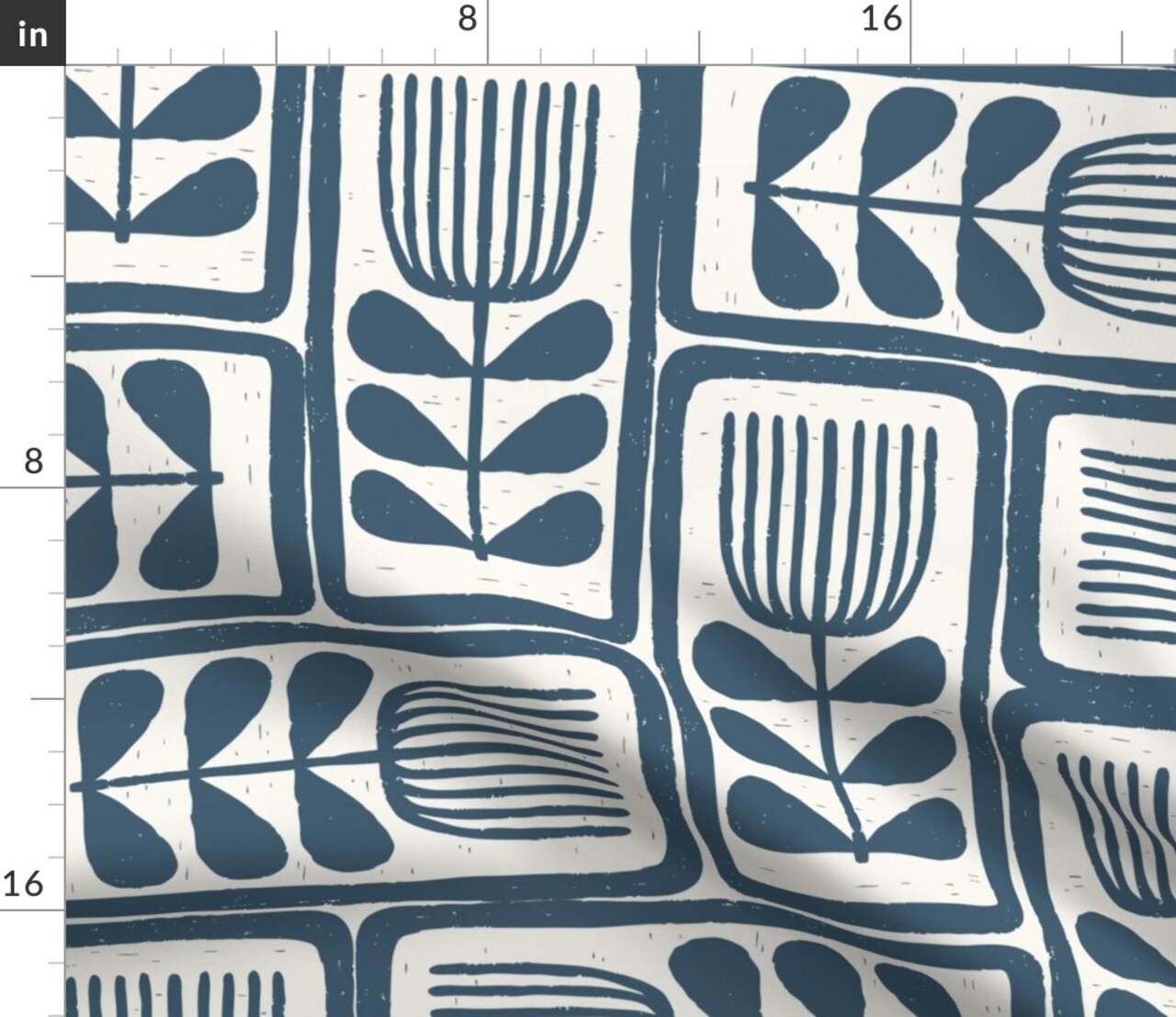 Retro Block Print Blue Abstract Flowers Minimal Stamped Japandi Custom Printed Fabric by Spoonflower Various Fabrics by the Yard or Fat Quarter